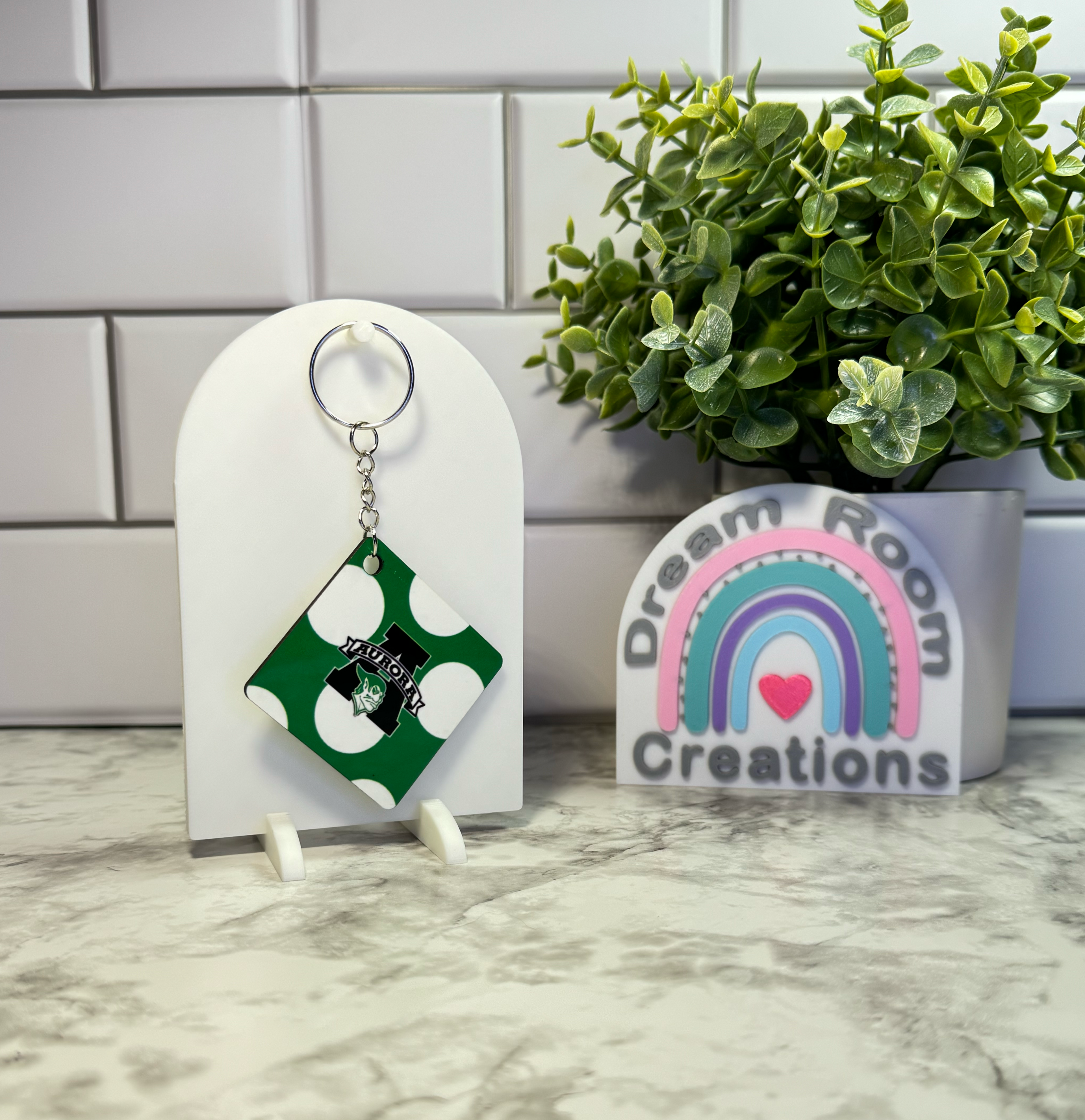 Aurora Double Sided Square Green & White Dots Keychain